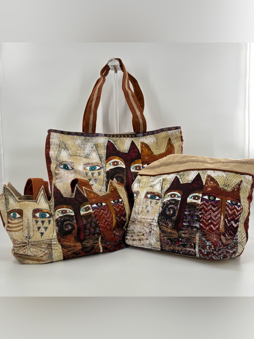 Laurel Burch Bags Purses 3pc Set Cats Theme Canvas Tote Shoulder Bag Brown Gold
